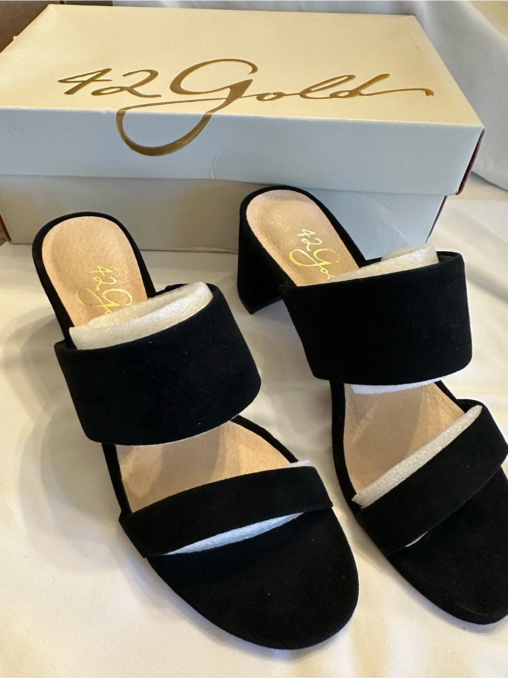 42 GOLD Black Suede Double Strap Block Heel Mules